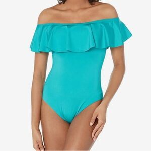 $153 NEW TRINA TURK Off Shoulder Bandeau ruffle One-Piece resort SWIMSUIT 6 NWT